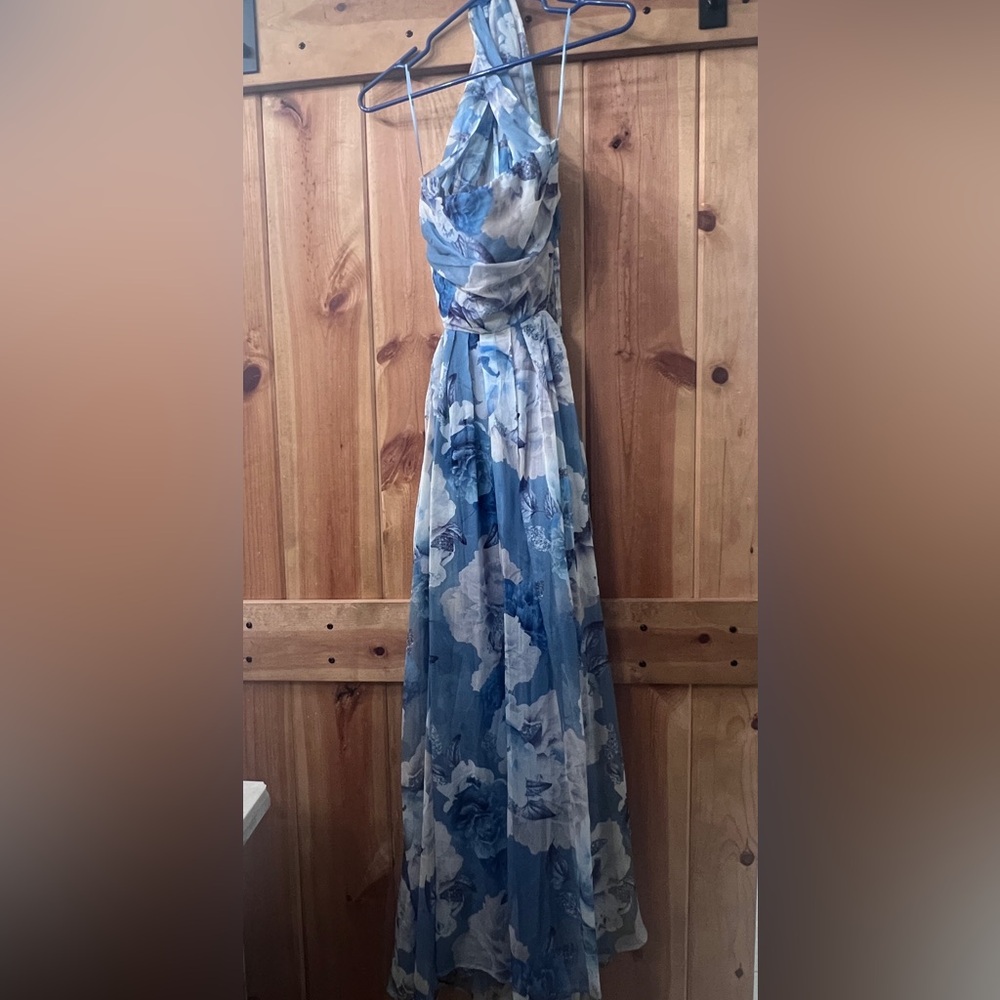 Blue and White Strapless Gown for Wedding Guest